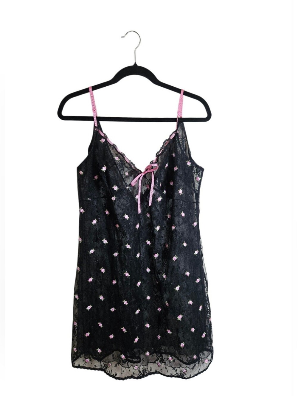 Vintage Victoria's Secret Y2K Black Lace Rose Embroidered Babydoll Slip Dress XL